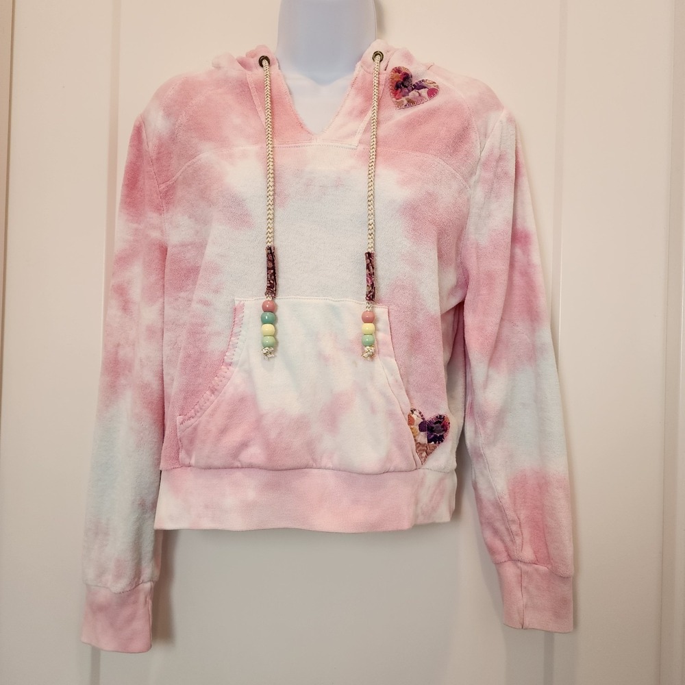 LoveShackFancy Kirby Hoodie S Cherry Fizz Tie Dye Heart Bead Terry Coquette Boho